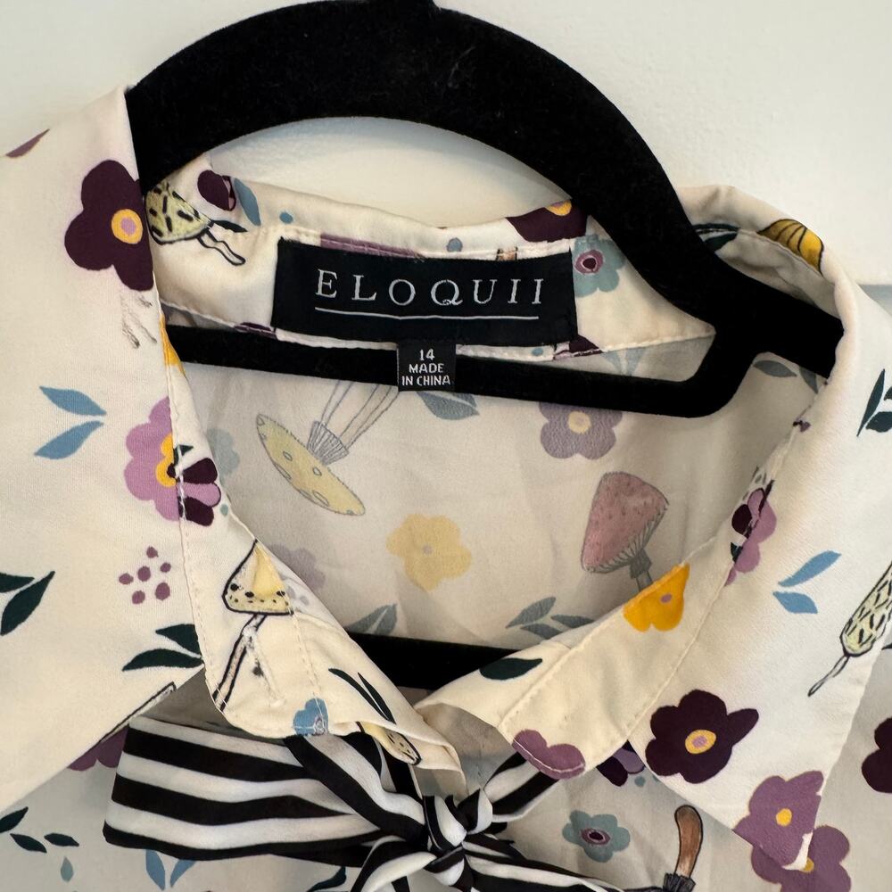 Eloquii Mushroom Floral Print Tie Neck Long Sleeve Button Up Blouse Size 14 - Picture 3 of 8